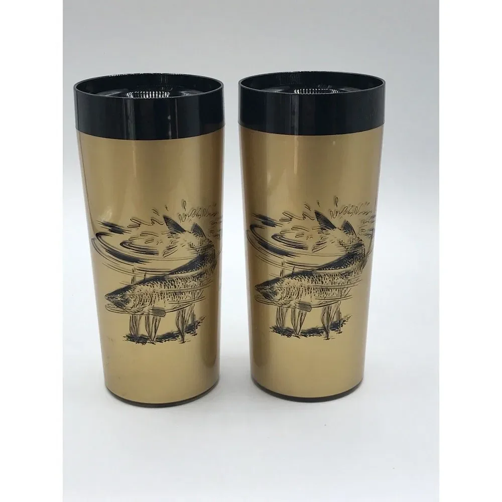 Gold Black Geese Deer Fish  Design Plastic Glass Tumbler NFC Insulated set‎ of 2
